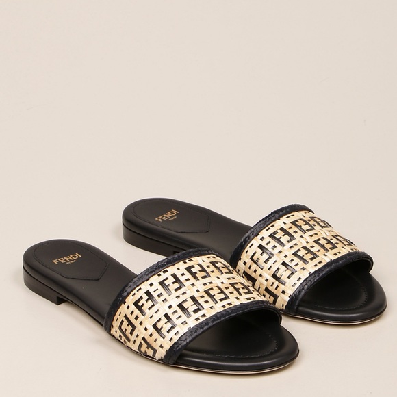 Fendi Shoes - Fendi raffia FF logo woven flat sandals slides black beige 40